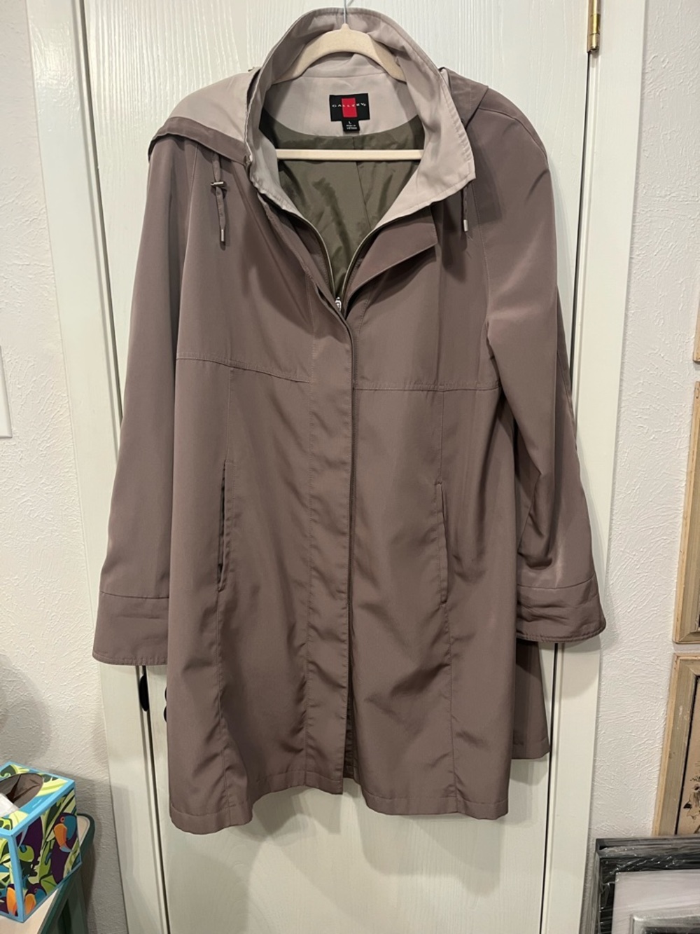 Womens GALLERY Mid-length Hooded Raincoat Trench Jacket Khaki Beige Large